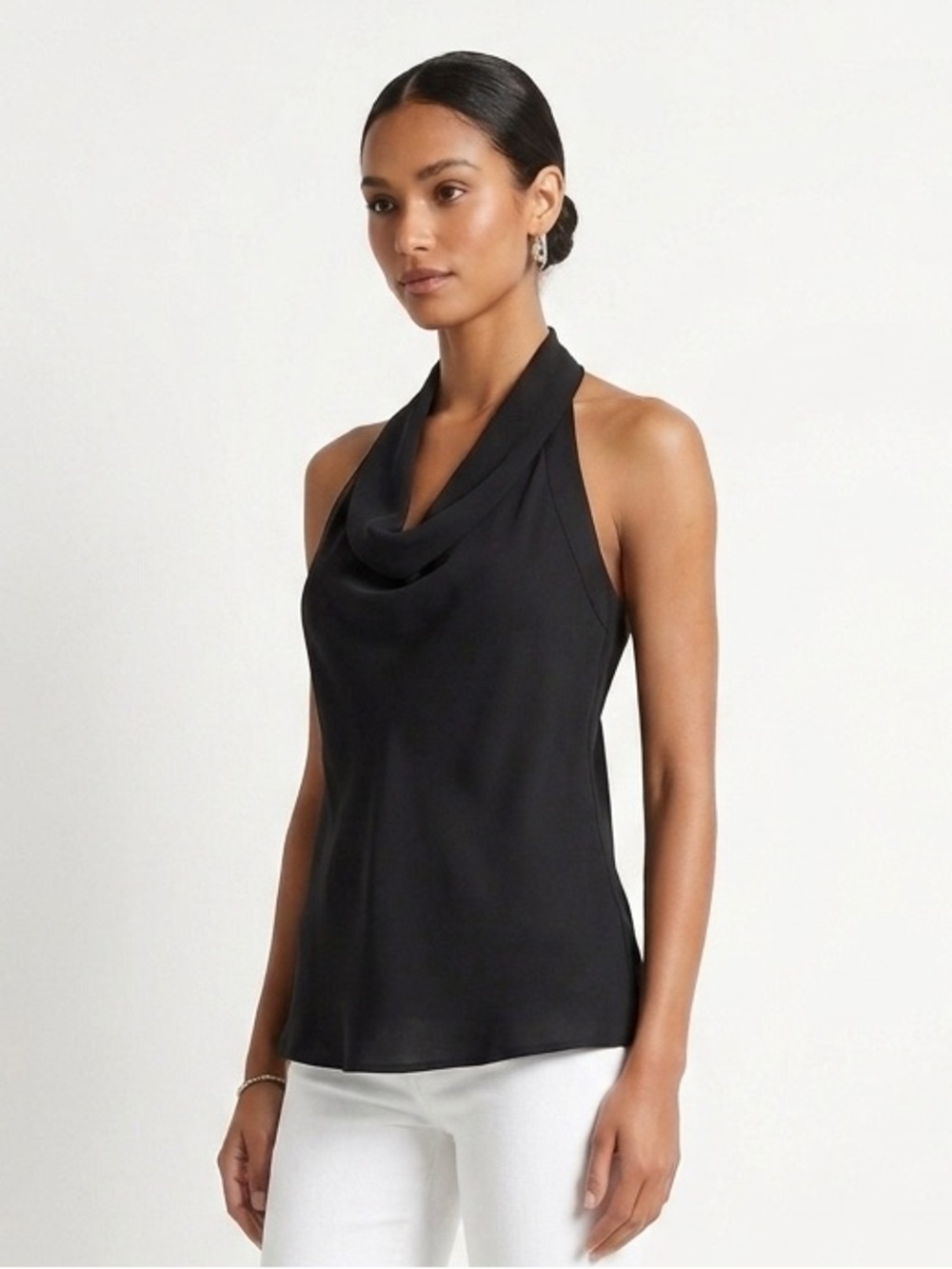 WHBM Black Satin Cowl Neck Halter Top XS EUC $78